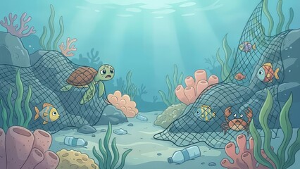 Entangled Sea Turtle in Ocean Pollution
