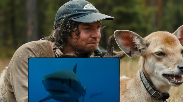 Incongruous Scenes: Man, Deer, and Underwater Shark Creating an Unlikely Visual Fusion