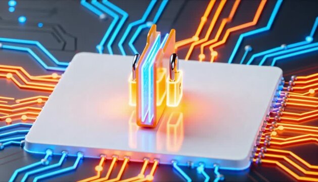 Minimalist 3D isometric glowing padlock on digital folder for safer internet day cybersecurity and data encryption background