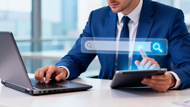 Businessman using laptop and tablet - Powered by Adobe