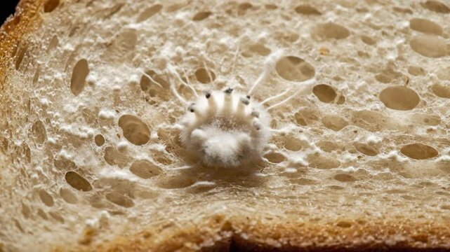 Close-up of a slice of bread with visible mold, showing texture, pores, and color variations