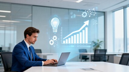 Businessman working on laptop with holographic data