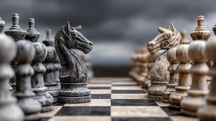 A close-up view of a chessboard with intricately designed pieces, ready for an intense game of strategy under dramatic skies.