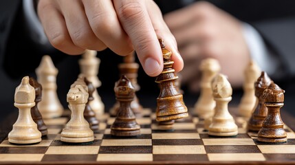 A close-up of a hand moving a chess piece during an intense game, symbolizing strategy and focus in competitive thinking.