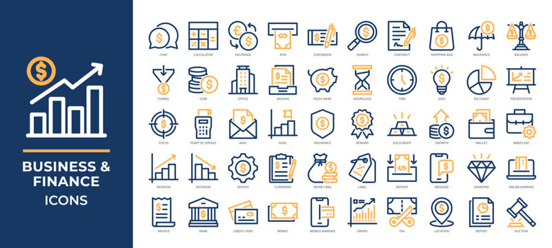 Business and finance icons set collection, featuring banking, investment, accounting, payments, growth, contracts, and corporate communication for web, app, and marketing use.