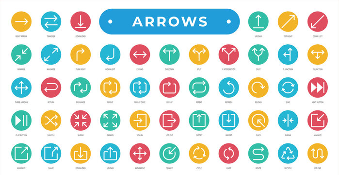 Arrow icon set collection, featuring navigation, direction, transfer, refresh, sync, movement, and interface actions for web, app, UI, and marketing design.