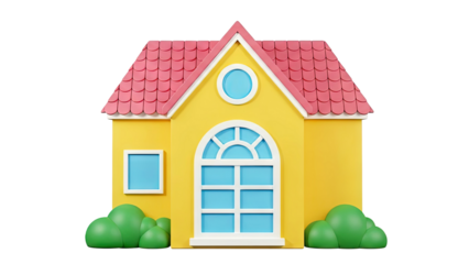 Cartoon Yellow House with Red Tiled Roof and Blue Windows
