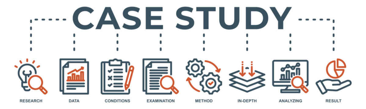 Case study concept icon illustration contain research, data, conditions, examination, method, in-depth, analyzing and result.