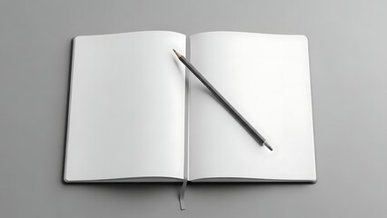 An open notebook with completely blank pages is displayed with a single graphite pencil resting across it
