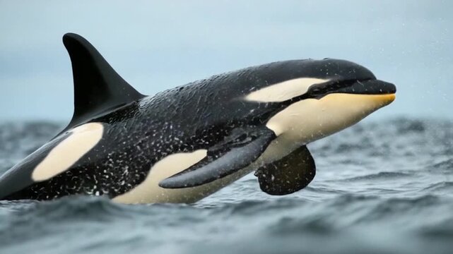 Powerful orca breaches the ocean surface, showcasing its majestic form in dynamic motion.
