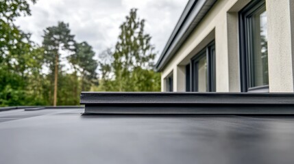 architectural composition featuring a modern building with sleek lines juxtaposed against a backdrop of verdant trees and a diffused sky
