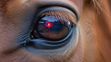 Captivating Close-up of a Horse's Eye with a Distinct Red Lantern Reflection
