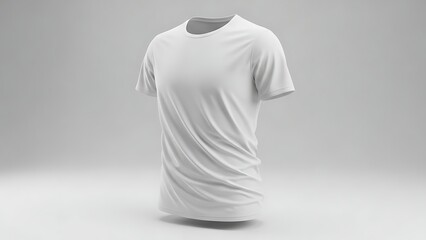 A pristine white t shirt stands prominently on a smooth light gray surface showcasing its simple design and form