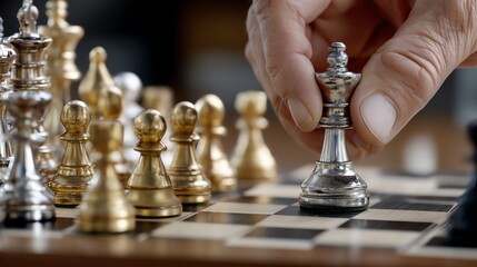 A skilled hand moves the king piece strategically on a chessboard during an intense match, exemplifying critical thinking and strategy.