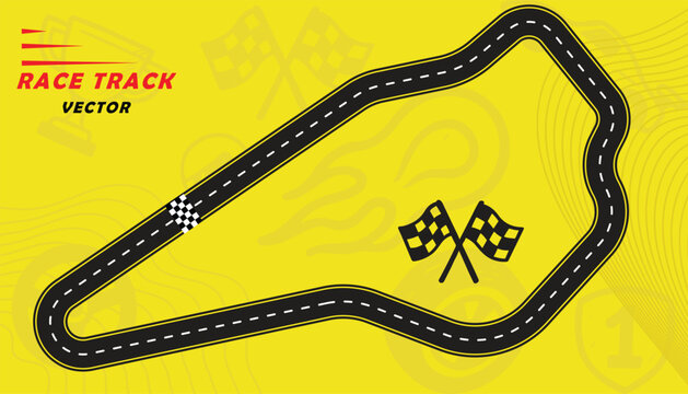 Creative vector illusion of race track isolated on yellow background. Speed race track design with creative icons.