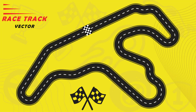 Creative vector illusion of race track isolated on yellow background. Speed race track design with creative icons.