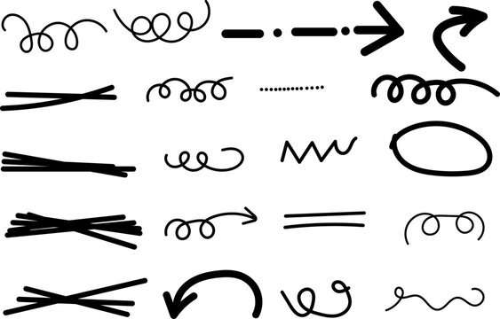 Collection of various black arrows and squiggly line symbols on white background