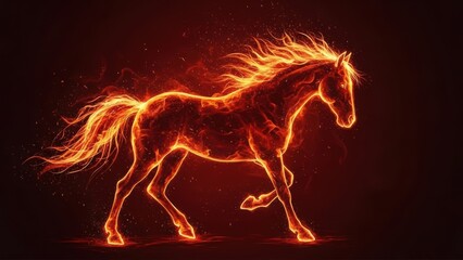 Dynamic silhouette of a horse running, creatively rendered with glowing fiery particles on a dark, dramatic background.