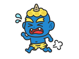 Obraz premium 走って逃げる、青鬼（線画カラー）のイラスト