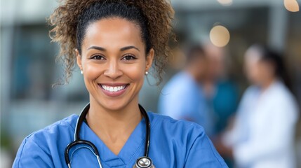 A confident healthcare professional smiling warmly, showcasing compassion and dedication in a medical environment.