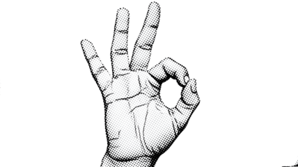 Human hand making the OK gesture of approval and perfection in black and white halftone dot pattern style