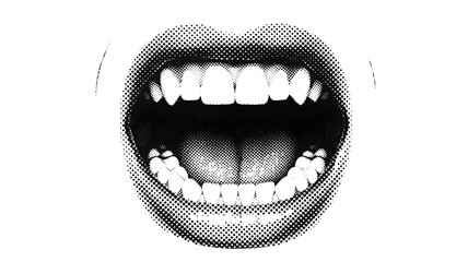 Wide open mouth shouting or screaming in black and white halftone pop art style for expressive graphic design © MDRIEAD