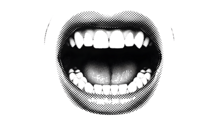 Wide open mouth shouting or screaming in black and white halftone pop art style for expressive graphic design