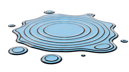 Blue liquid with concentric circles and droplets on white background