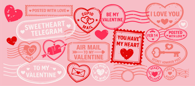 Romantic valentine's day postmark and love mail rubber stamp set &mdash; love letter postal collection