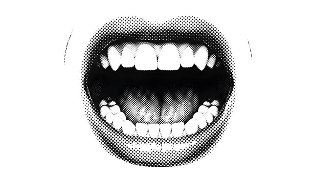 Wide open mouth shouting or screaming in black and white halftone pop art style for expressive graphic design