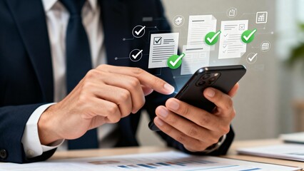 Businessman using smartphone with digital documents