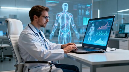 Doctor analyzing medical data on laptop