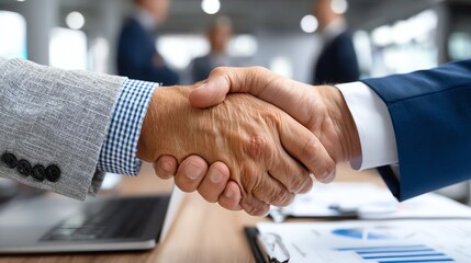 Two business professionals shake hands, representing partnership, agreement, and collaboration in a modern office environment.