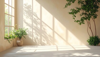 Fototapeta premium Minimalist interior scene bathed in natural daylight, featuring elegant green plants and soft shadows cast by a window, creating a serene and modern backdrop for design or product display