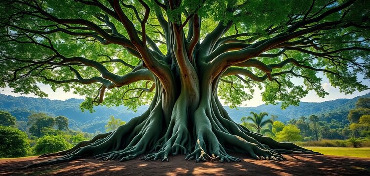 Ancient, colossal tree with a vast, vibrant green canopy and powerful roots, dominating a serene natural landscape, symbolizing enduring life and grandeur,  life,  beautiful