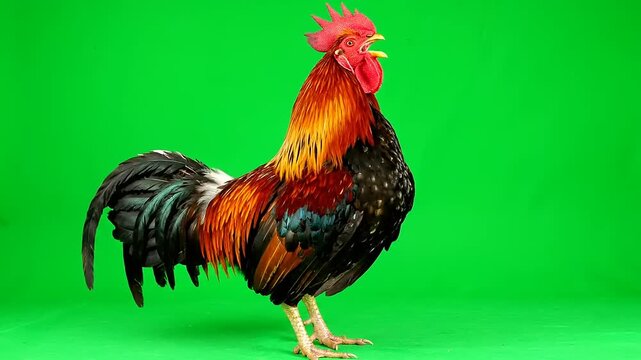 Close-up studio shot of a proud rooster crowing in front of a vibrant green screen background, showcasing its colorful plumage and majestic stance