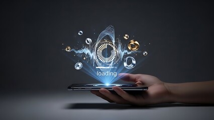 Futuristic holographic virtual assistant projection above smartphone held in hand.