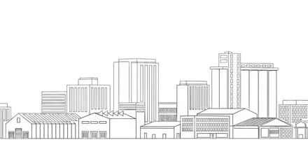 continuous vector line silhouette of an industrial district skyline composed of precise warehouses, factories, and cylindrical silos, minimalist design on white background. concept of industrial