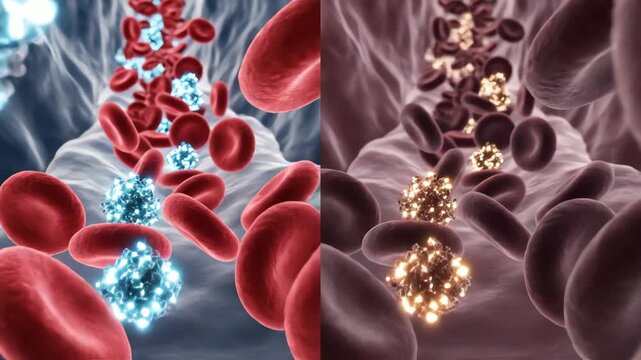 Two bloodstream environments: the high-oxygen side filled with bright, glowing red blood cells carrying vivid oxygen particles, while the low-oxygen side shows dimmer cells with fewer glowing molecule