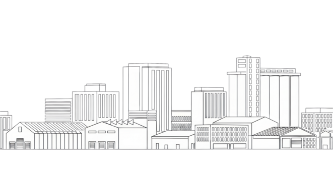 continuous vector line silhouette of an industrial district skyline composed of precise warehouses, factories, and cylindrical silos, minimalist design on white background. concept of industrial - Powered by Adobe