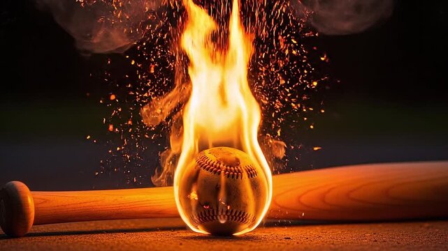Baseball on Fire Near Bat Power Intensity Action