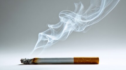 A cigarette placed delicately on a white background, with a plume of smoke trailing from the tip, capturing the essence of stillness and contemplation