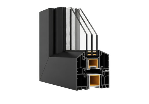 Extreme close-up of matte black aluminum window profile cross-section showing precise multi-chambered thermal break and IGU layers on a transparent background. Concept of modern engineering excellence