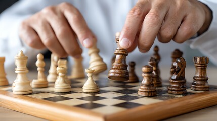 A close-up of hands playing chess, showcasing strategic moves on a wooden chessboard filled with pieces in play.