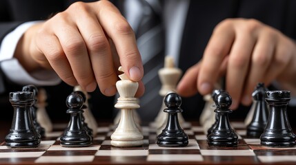 A businessman strategically moves a chess piece during a high-stakes game, showcasing skill and focus in a competitive environment.