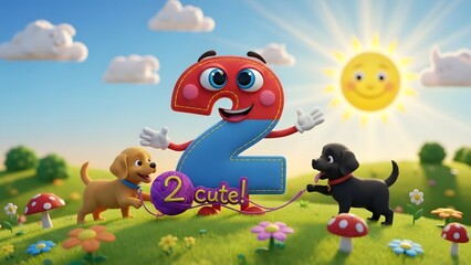 Naklejka premium A cheerful red and blue character plays with dogs in a sunny green meadow filled with colorful flowers