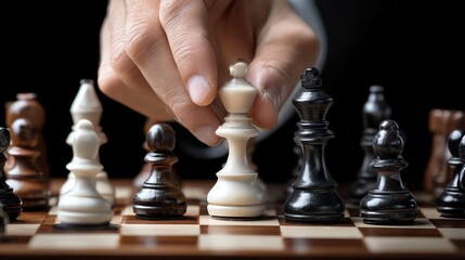 A close-up of a hand moving a chess piece during an intense game, showcasing strategy and focus in a classic chess match.