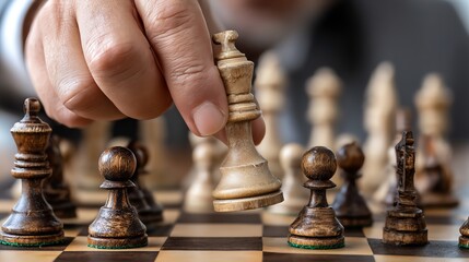 An intense chess game scene focusing on a hand moving a king piece, showcasing strategy and focus on the chessboard.