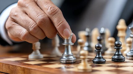 A close-up of a person making a strategic chess move in a competitive game, showcasing concentration and skill.