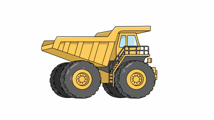 Fototapeta premium Illustration of a yellow dump truck with large black wheels and a flat bed against a clean white background.